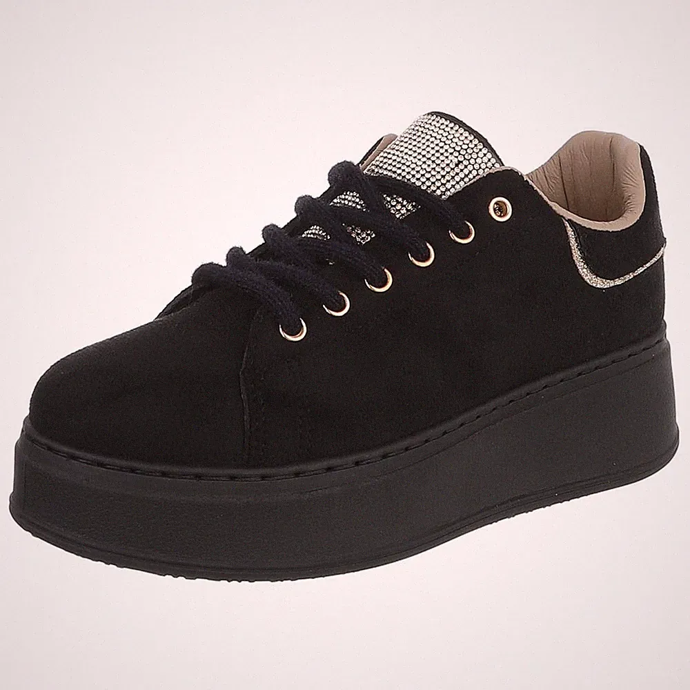 Damen Low-Top Sneaker mit Strass und Lochschnürung Ital-Design 7363 in Schwarz