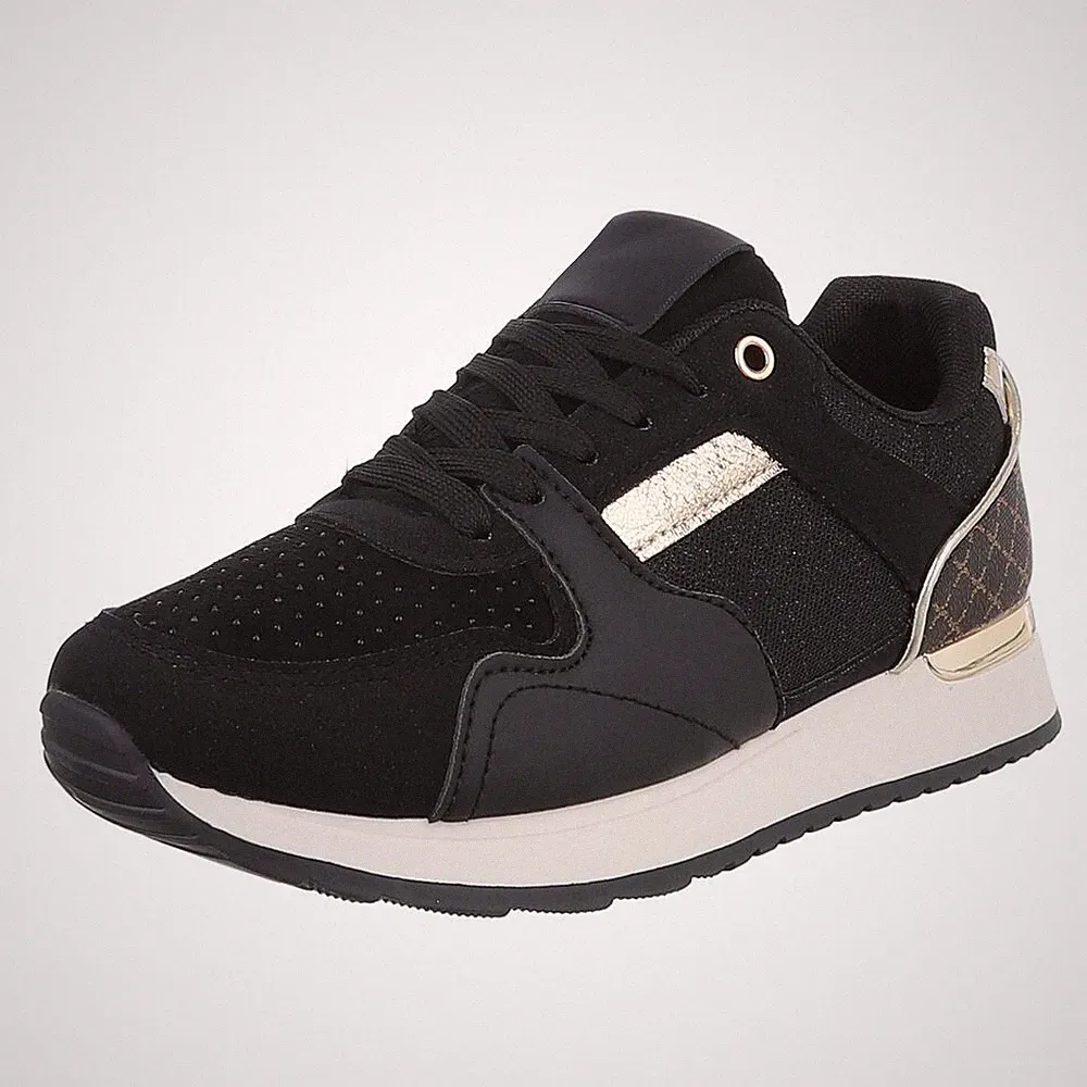 Damen Low-Top Sneaker mit Strass und Lochschnürung Ital-Design 9571 in Schwarz