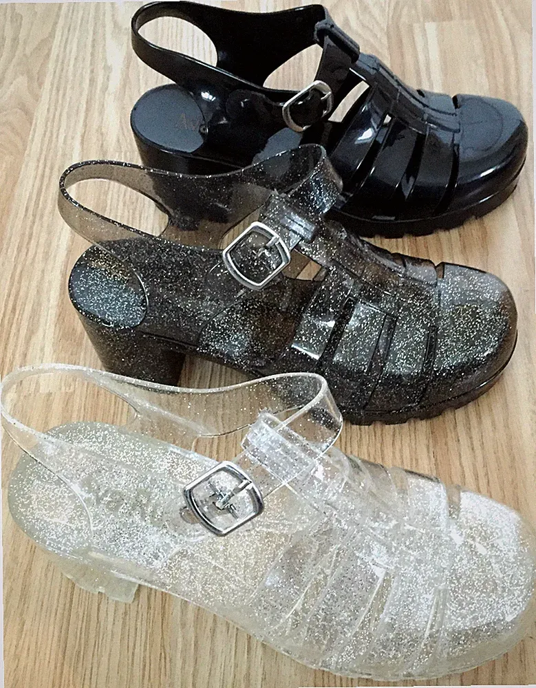 MULTI-BUY Damen Mädchen Sandale Gummi klobiger Absatz Keilabsatz neu Retro Gladiator Strand