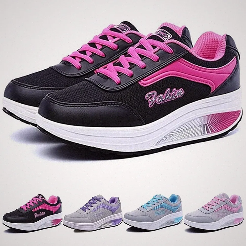 Damen Mesh Erhöhte Schnürer Plateau mit Keilabsatz Laufschuhe Sportschuhe
