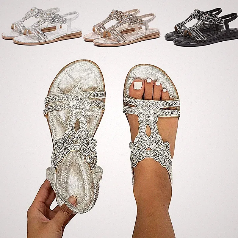 Damen Modische Sandalen mit elastischem Knöchelriemen Flachboden Zehen zeigen