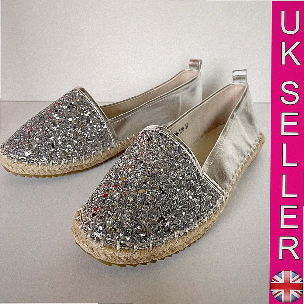 Damen Mokassin Glitzer Espadrilles Pantolette Sliders selten silber UK 3-8 WOW