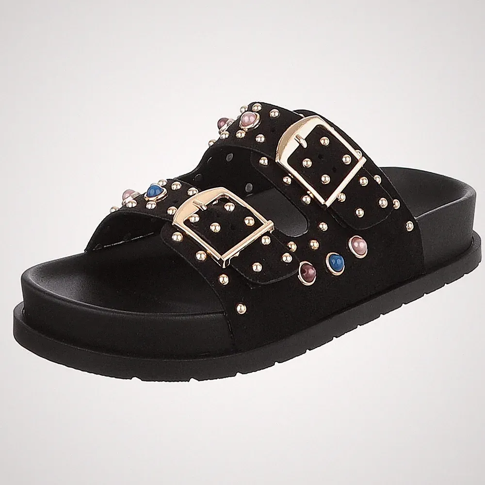 Damen Mules mit Nieten und Perlen Ital-Design 0301 in Schwarz