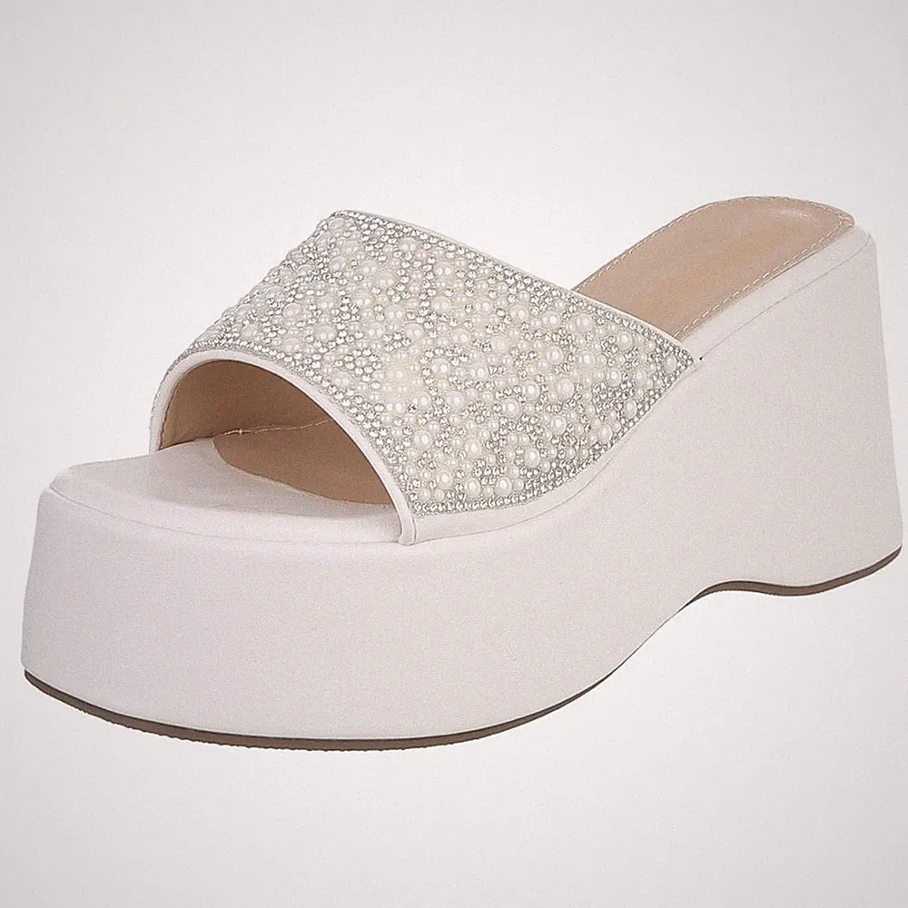 Damen Mules mit Perlen und Strass Ital-Design 3313 in Weiß