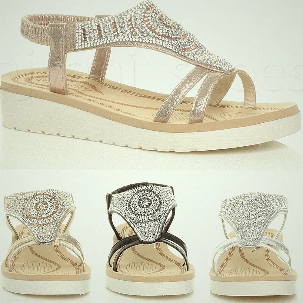 DAMEN NIEDRIGER KEILABSATZ FLACHE FORM STRASSAPPLIKATION T-STEG SLINGBACK SANDALEN GRÖSSE