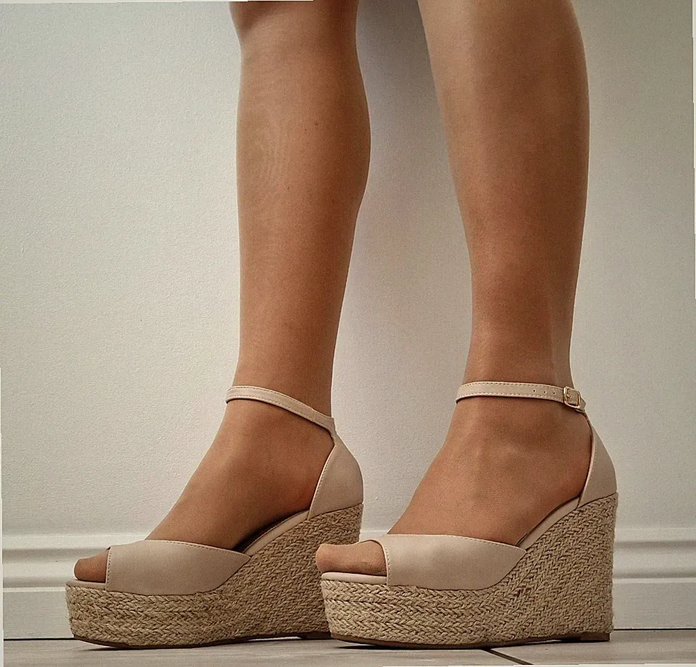 Damen Nude Knöchelriemen Espadrilles Plateau Sandalen Schuhe High Heel Keilabsatz