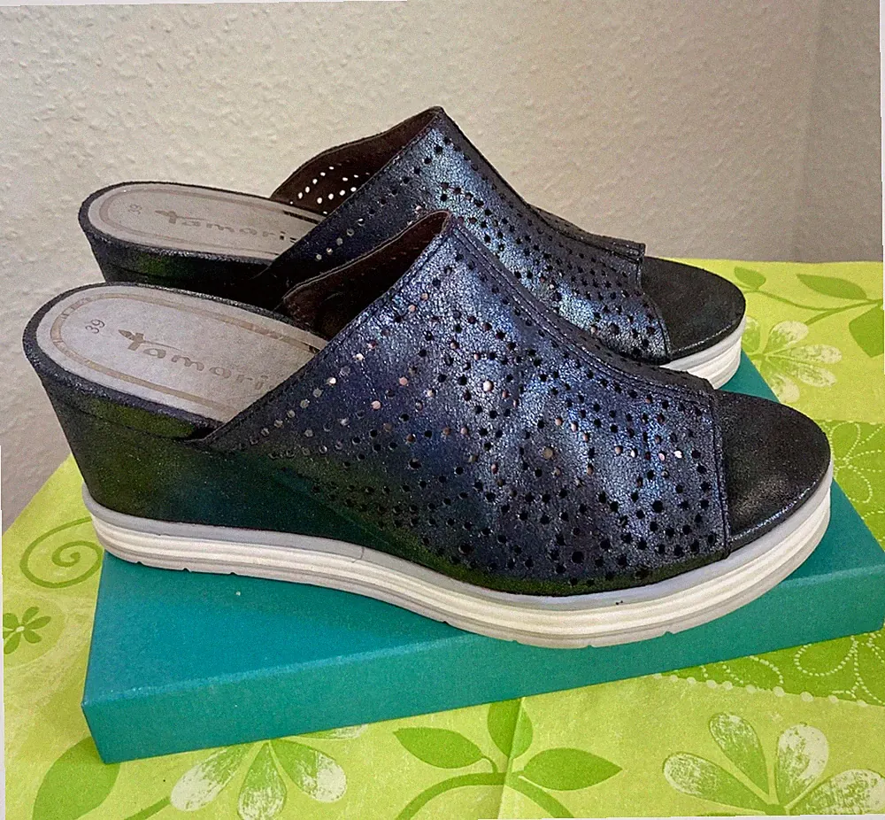 ❤️ Damen-Pantolette Gr. 39 anthrazit TAMARIS 6.5 cm Keilabsatz Textil