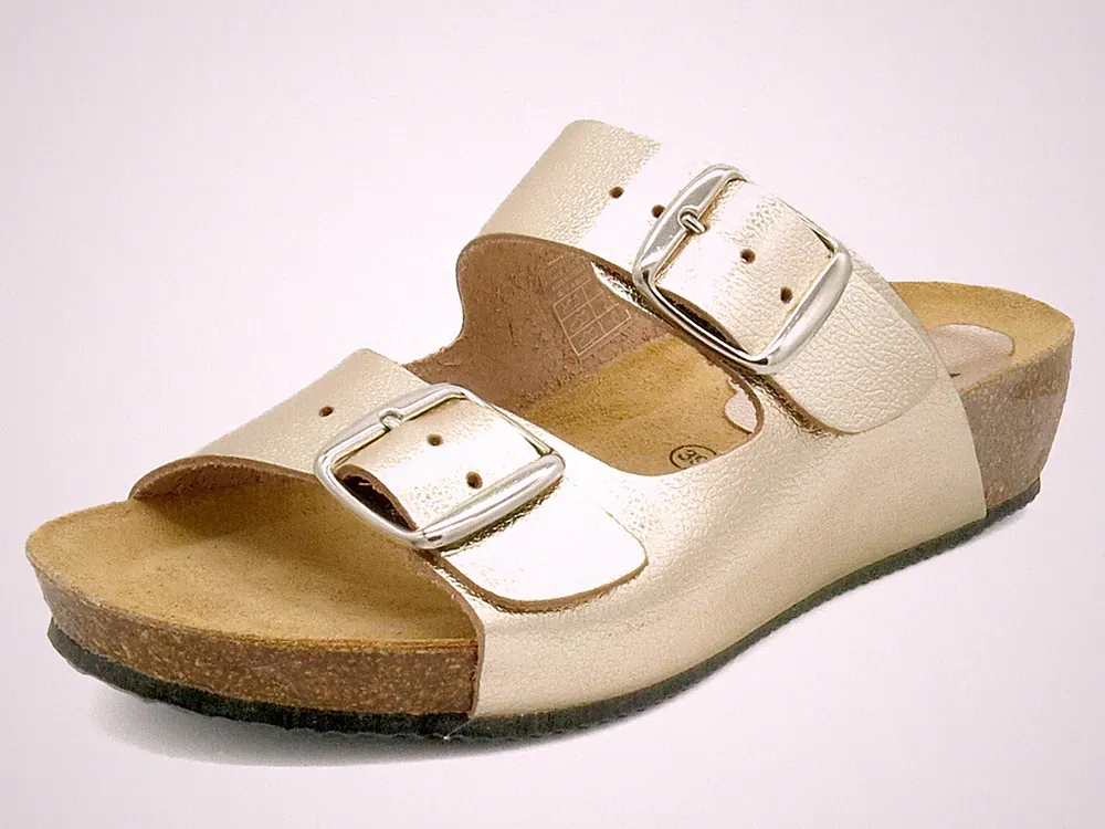 Damen Pantoletten Leder Keilabsatz Sandalen mit Fußbett Keilsandalen gold 35-42