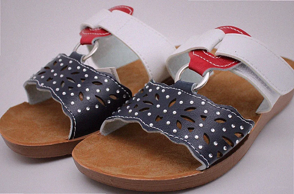 Damen Pantoletten Scandi Slipper Sandalen Hausschuhe Navy-Weiss-Rot 36-42 *Neu*