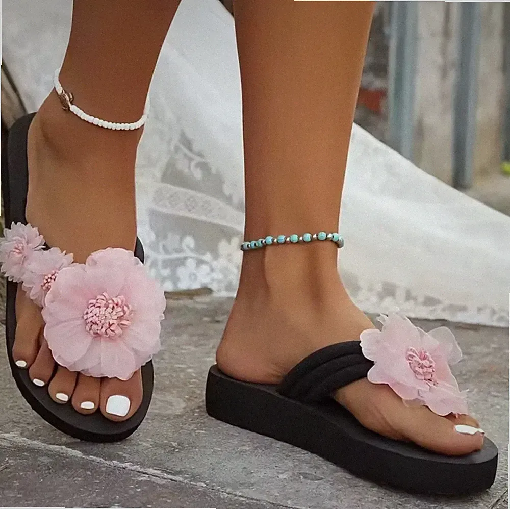 Damen Plateau Flip Flops 3D Blume Sommer Sandalen Zehentrenner Schwarz Rosa Boho