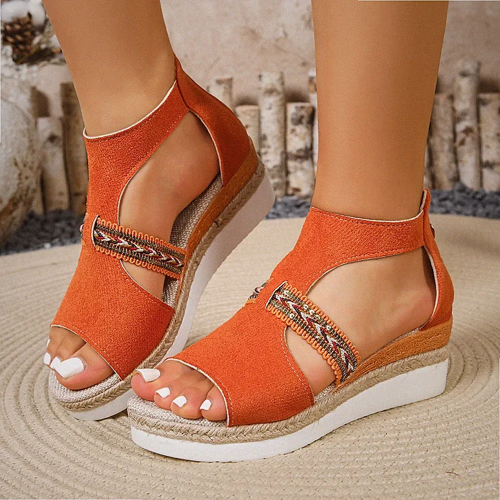 Damen Plateau Keilabsatz Bohemia Sandalen Peeptoe Cutout Reißverschluss hinten Sommerschuhe