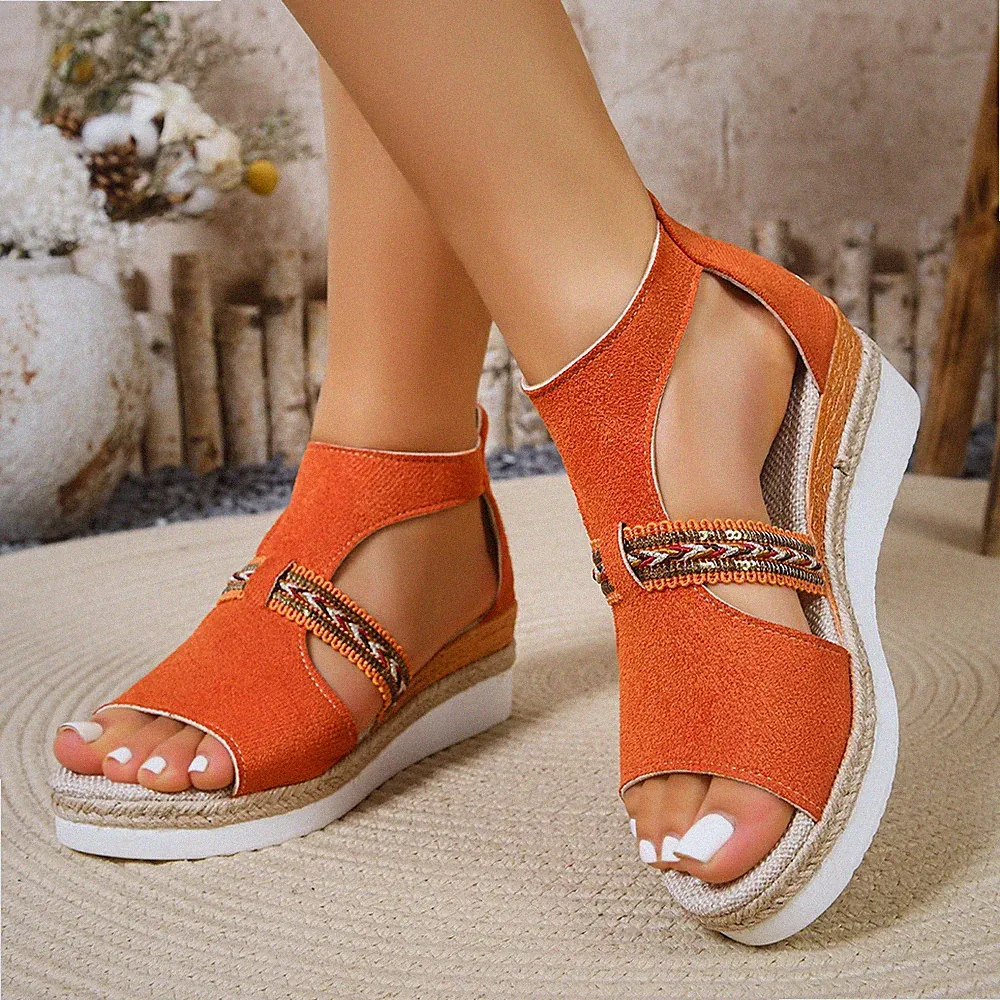 Damen Plateau Keilabsatz Bohemia Sandalen Peeptoe Cutout Reißverschluss hinten Sommerschuhe