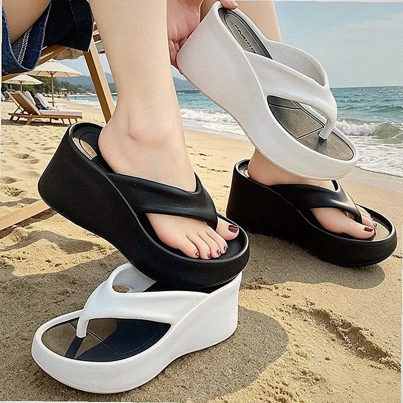 Damen Plateau Keilabsatz Flip Flops Grob EVA Strand Pantoletten Sommer Sandalen
