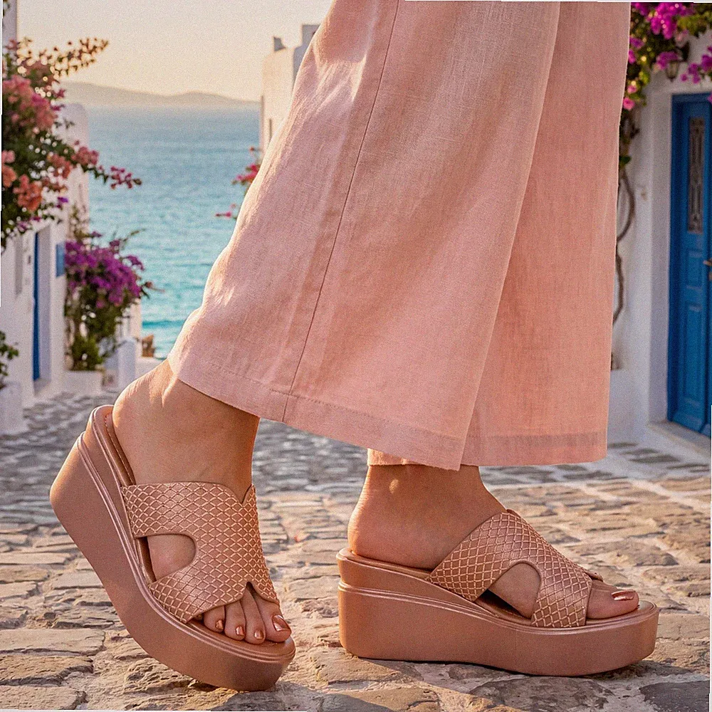 Damen Plateau Keilabsatz Pantoletten Sandalen Nieten Gewebt Slipper Sommerschuhe