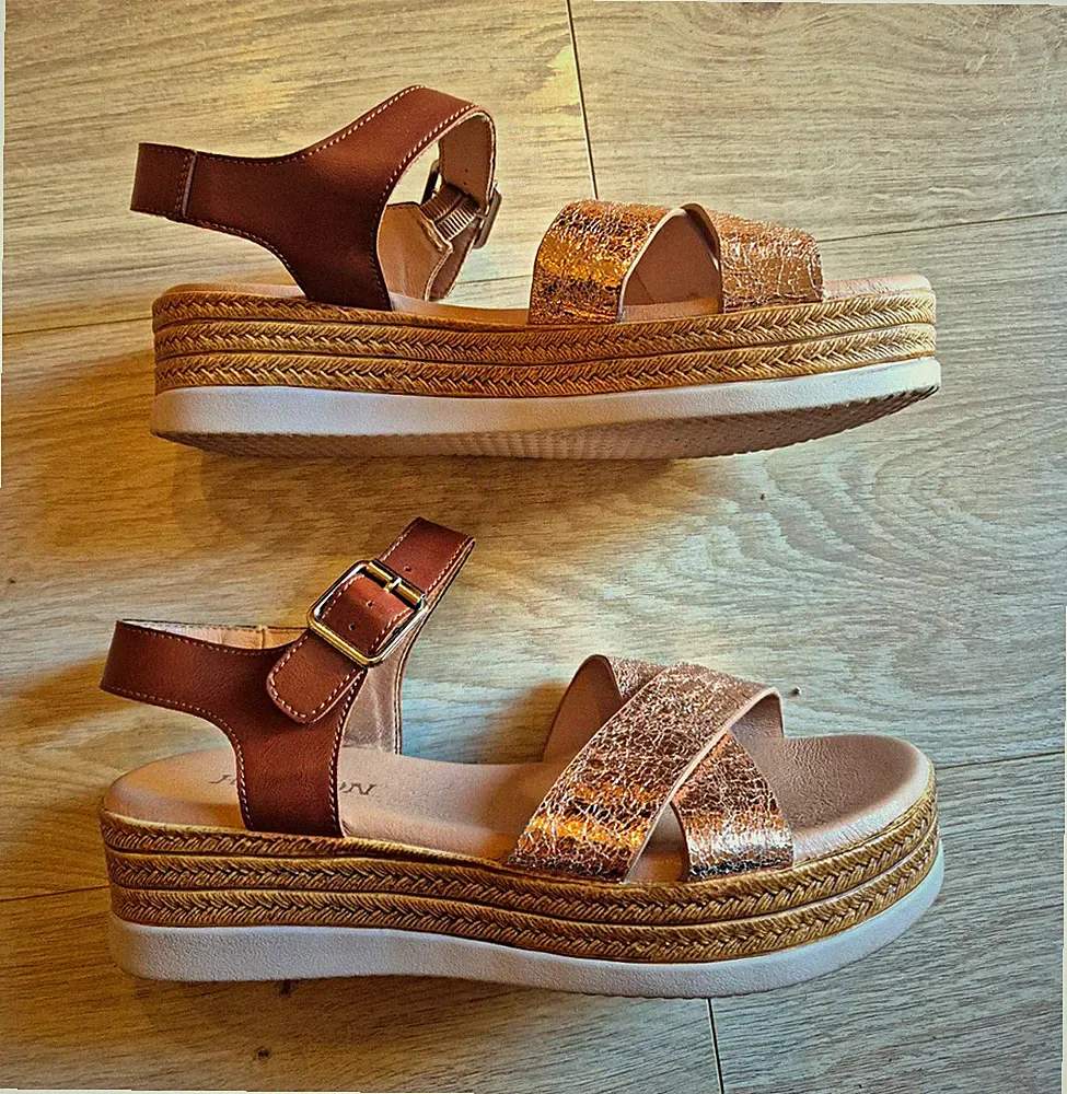 Damen Plateau Keilabsatz Sandalen Gr 38 GoldBraun Glitzer Knöchelriemen Schnalle
