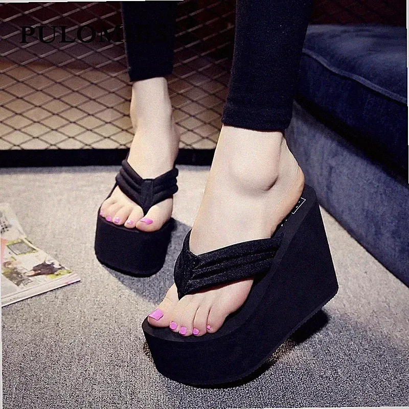 Damen Plateau Keilabsatz Sandalen High Heel Sommer Strand Pantoletten Hausschuhe 12 cm
