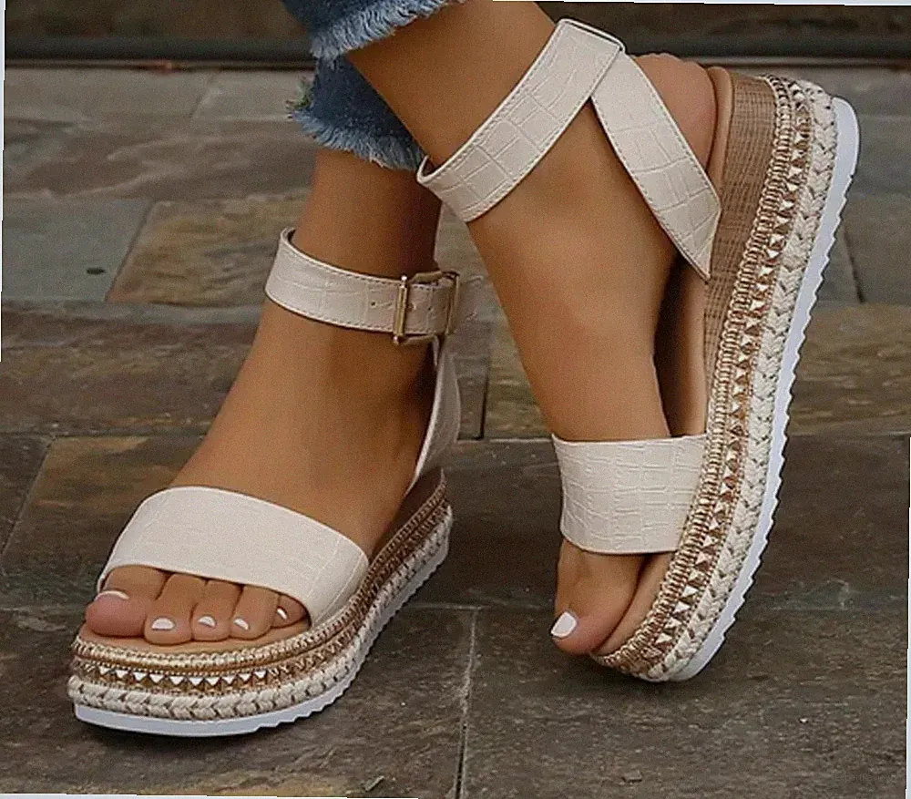 Damen Plateau Keilabsatz Sandalen offene Zehenpartie Knöchelriemen - beige - UK 5,5 (39)