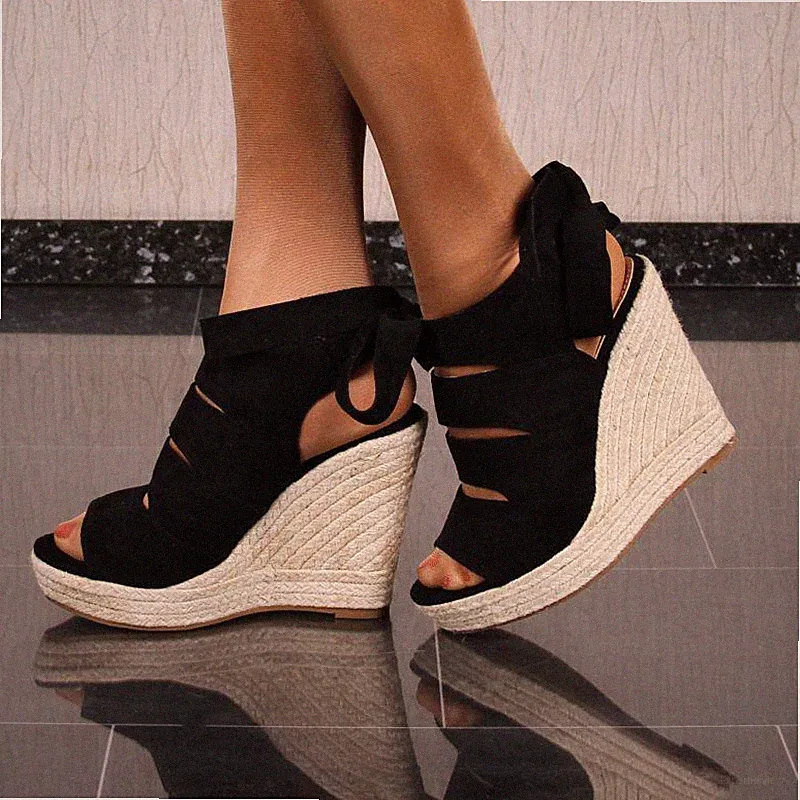 Damen Plateau Keilsandaletten mit Bastabsatz Wedges Schwarz #KA-26