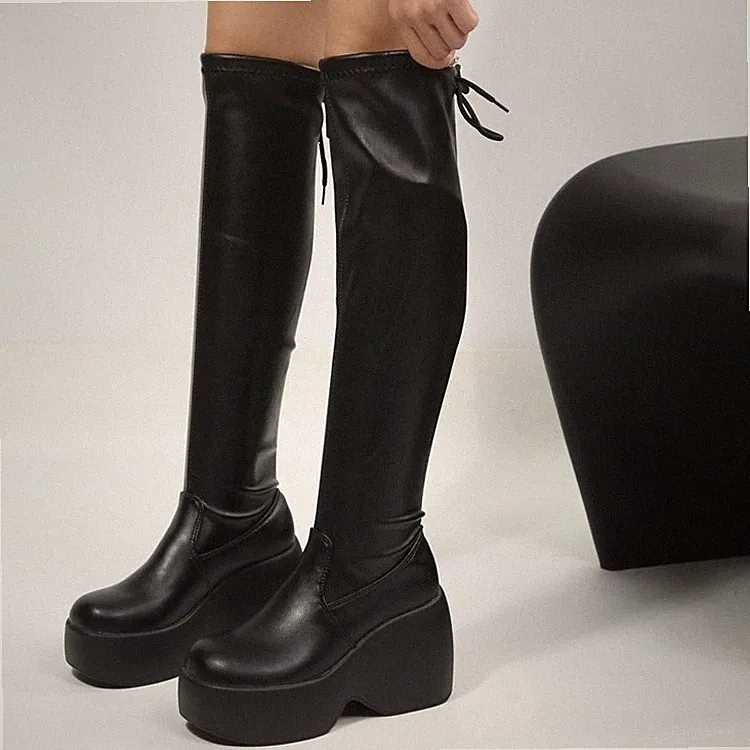 Damen Plateau Keilstiefel Kniehoch Punk Stil, Runde Form Freizeit Winter Schuhe