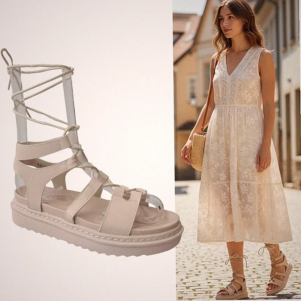DAMEN PLATEAU OFFENE SPITZE KNIE SCHNÜRUNG GLADIATOR RIEMCHEN SANDALEN SCHUHE