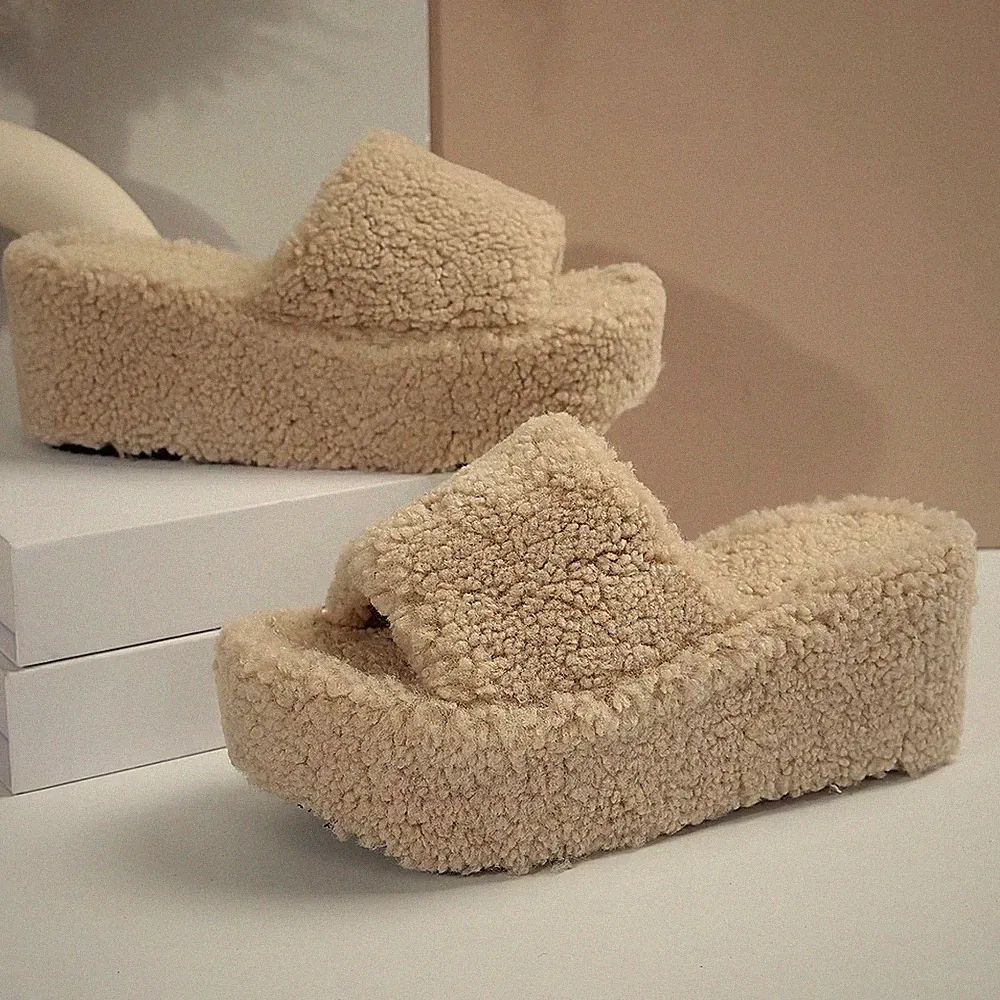 Damen Plateau Pelz Hausschuhe Keilabsatz Flauschig Offene Zehen Winter Sandalen