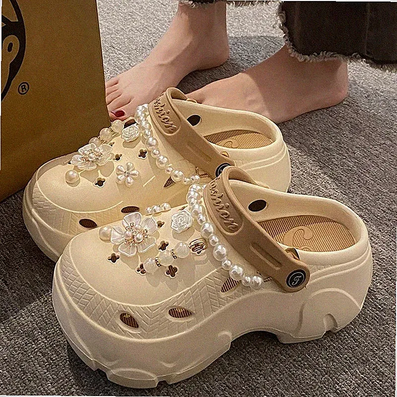 Damen Plateau Sandalen dicke Sohle EVA Clogs Perlenkette Strandschuhe