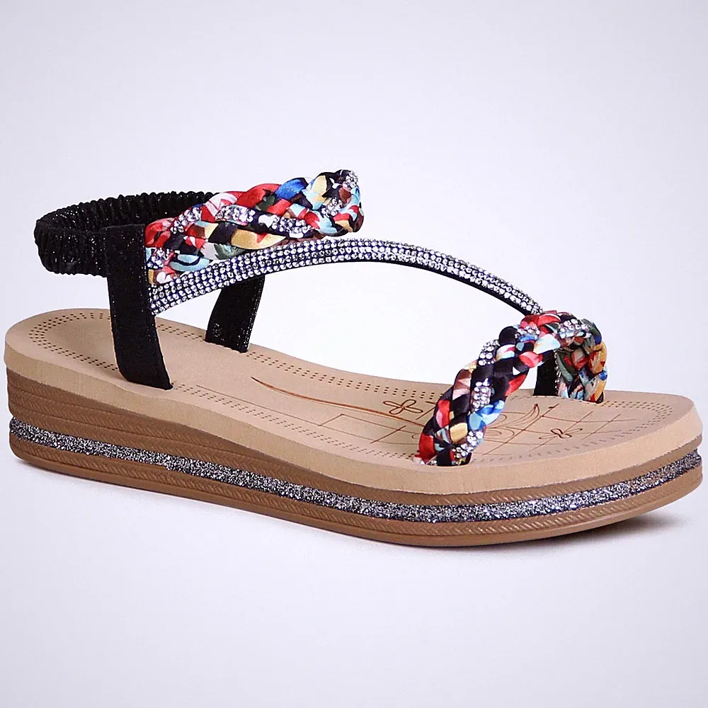 Damen Plateau Sandalen Glitzer Riemchen Keil Sandaletten Bänder