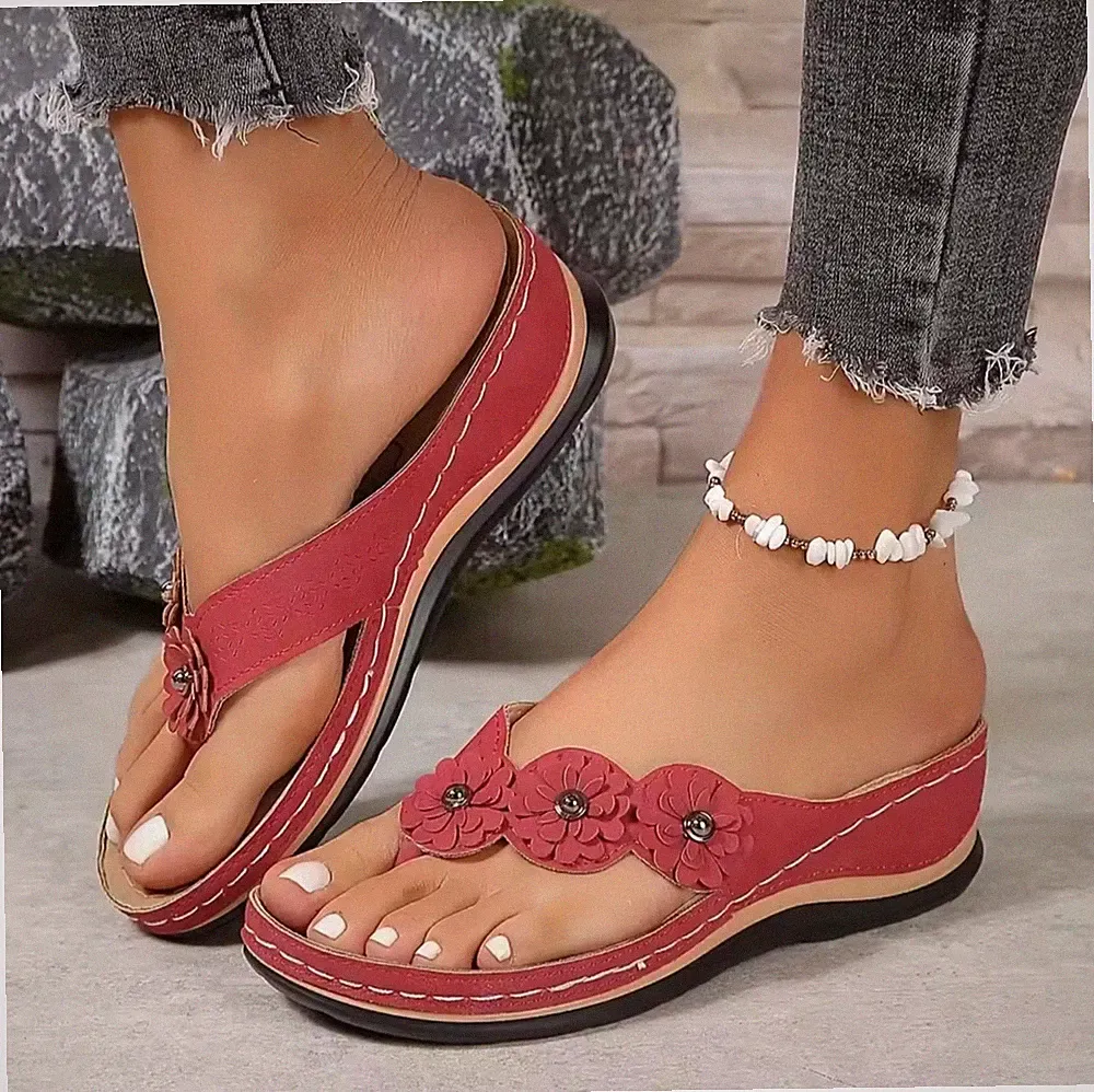 Damen Plateau Sandalen Keilabsatz Blumen Pantoletten Sommer Orthopädisch Schuhe