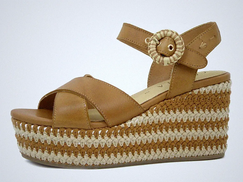 Damen Plateau Sandalen Leder beige braun Keilabsatz 8 cm und Plateau CARMELA