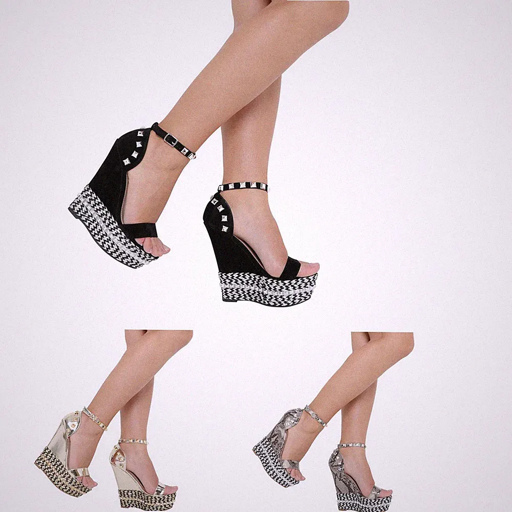 Damen Frauen Weite Passform Keilabsatz Sandalen Sommer Espadrilles Plateau Schuhgröße