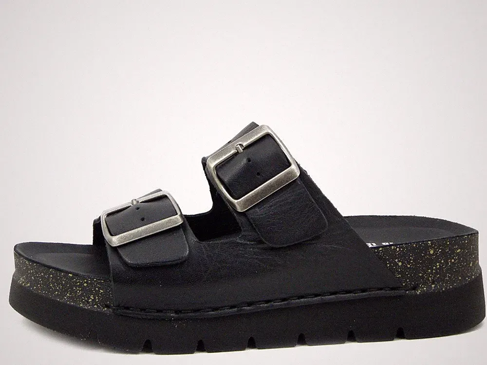 Damen Plateau Sandalen Pantoletten Schwarz Leder mit Schnallen WALK IN THE CITY