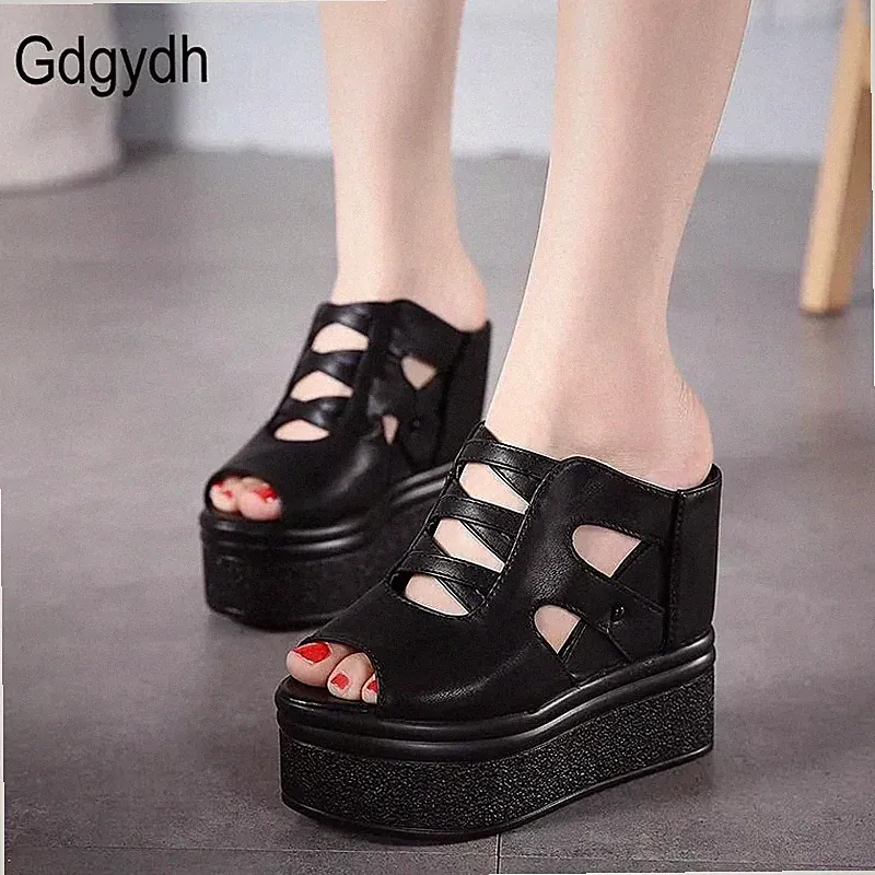 Damen Plateau Sandalen schwarz hoher Keilabsatz perforiert offene Spitze Sommer R4M8X