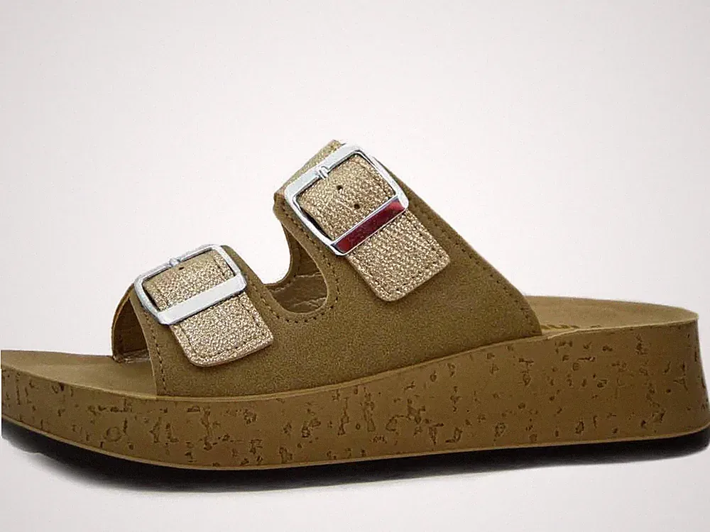 Damen Plateau Slipper aus Öko-Leder beige und platin mit Schnallen BLAU