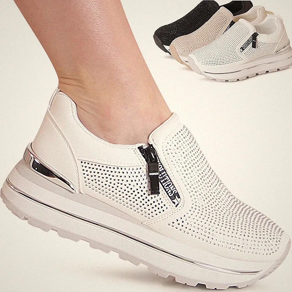 Damen Plateau Sneaker Glitzer Keil Slipper Keilabsatz Turnschuhe Slip On