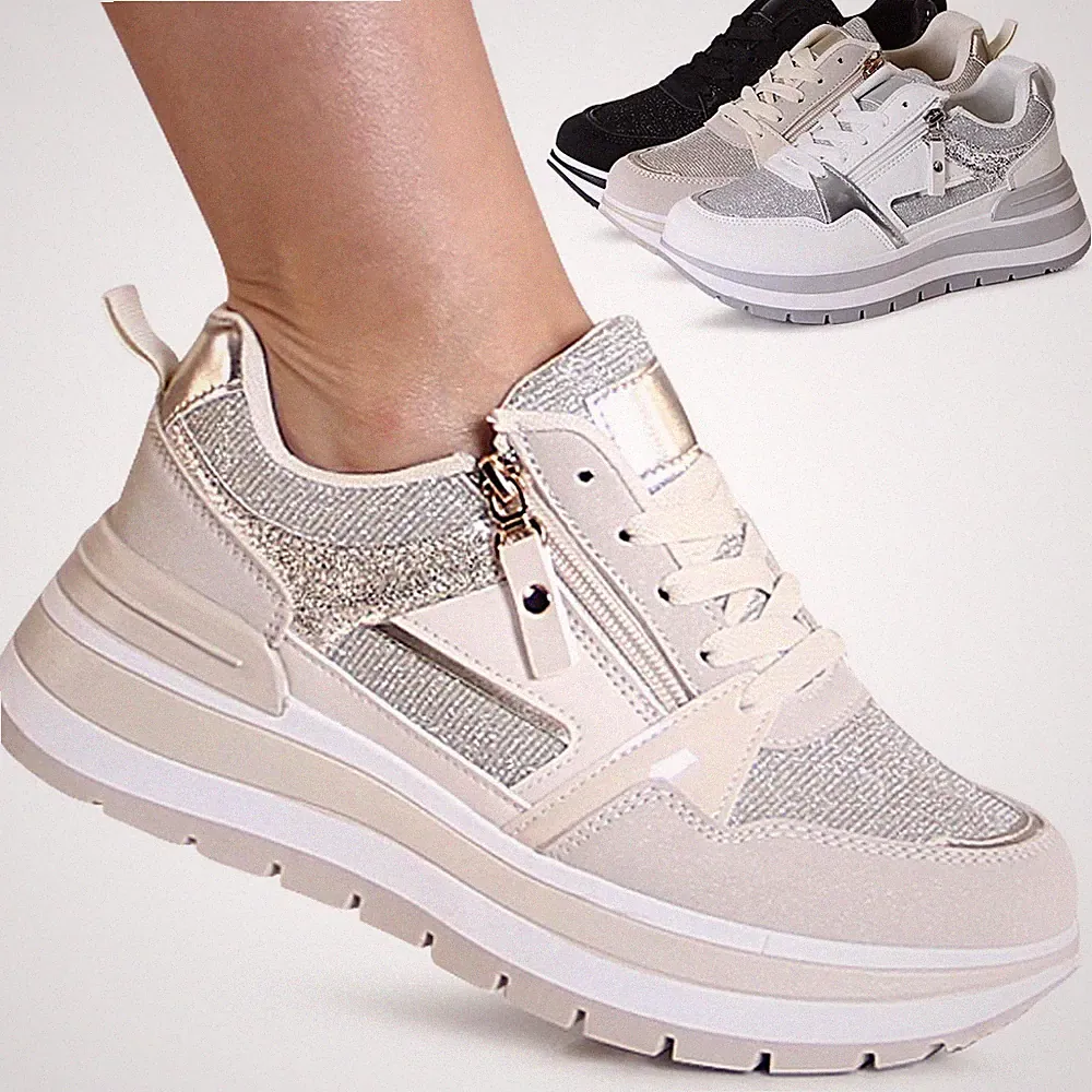 Damen Plateau Sneaker Glitzer Keil Turnschuhe Keilabsatz Halbschuhe Mesh