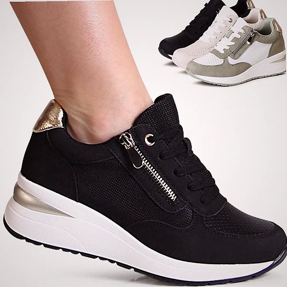 Damen Plateau Sneaker Keilabsatz Halbschuhe Keil Turnschuhe Lace Up Trendy