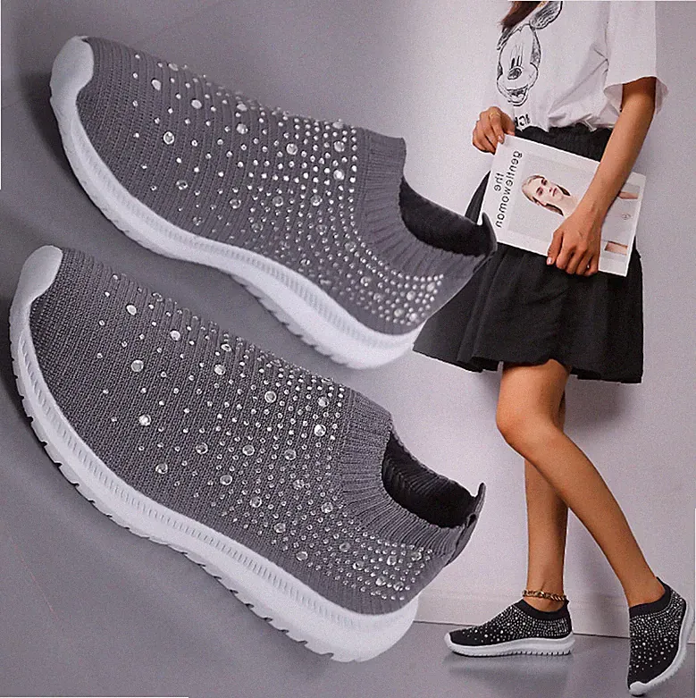 Damen Plateau Sneaker Light Slipper Glitzer Keilabsatz Slip On Turnschuhe H9