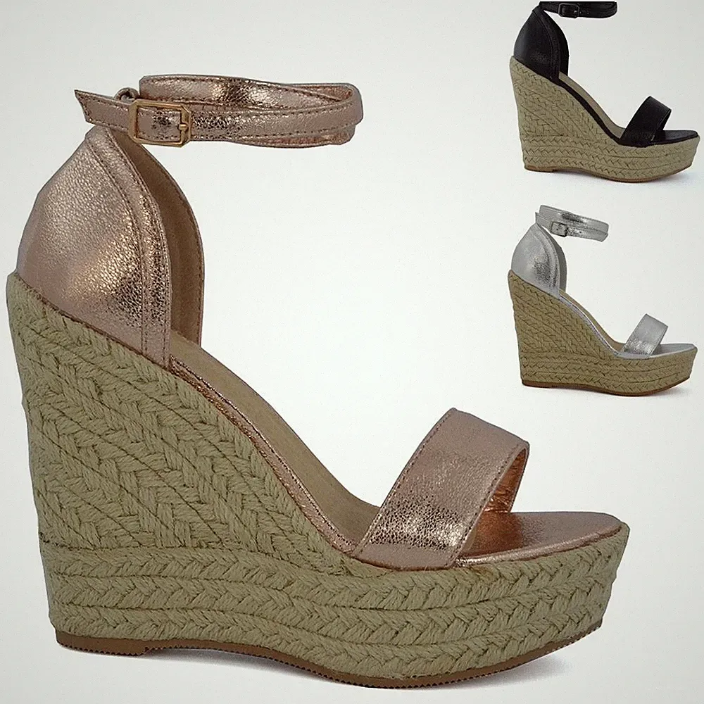 DAMEN PLATEAUSANDALEN HOHER KEILABSATZ DAMEN KNÖCHELRIEMEN PEEPTOE ESPADRILLES