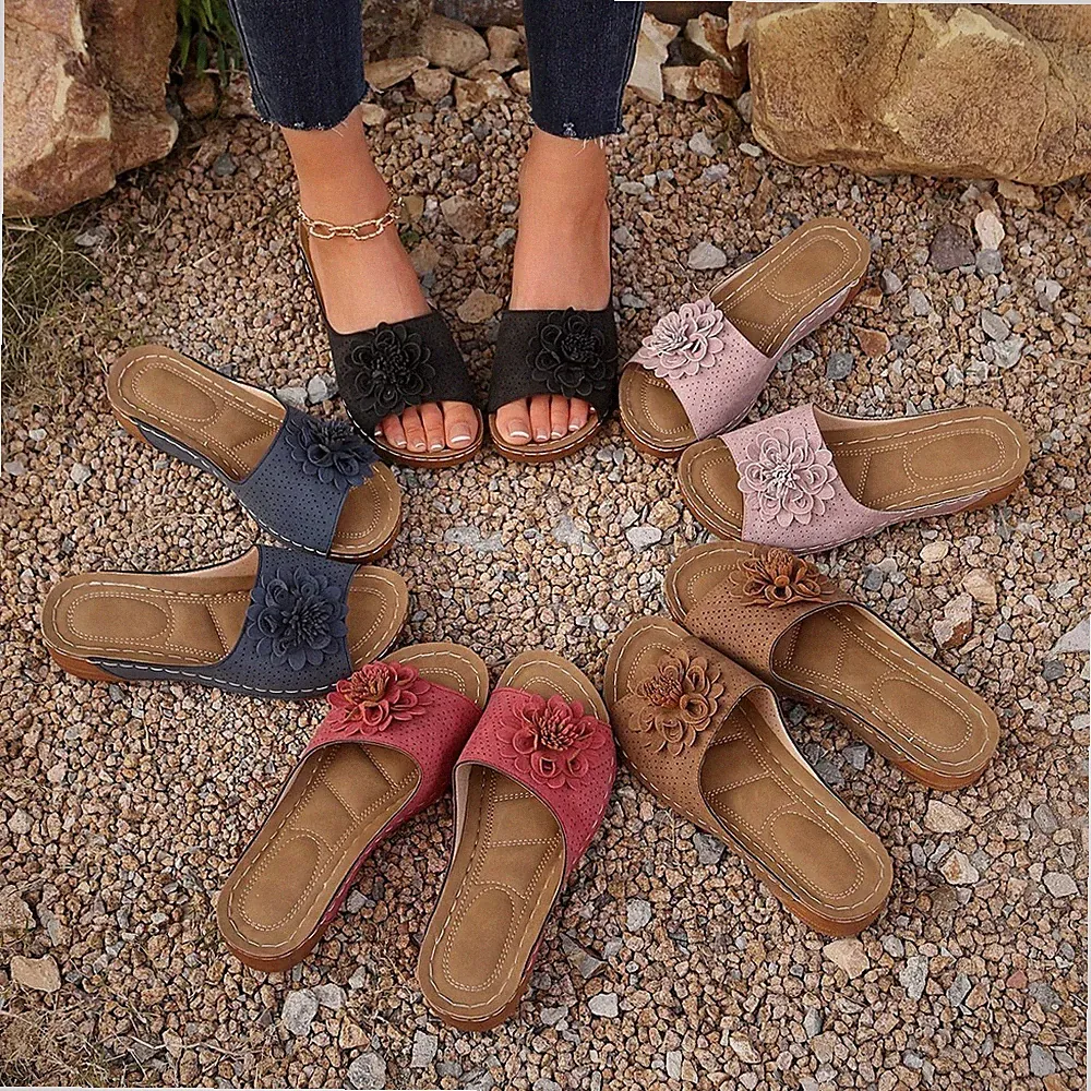 Damen-Plateausandalen Keilabsatz Damen Sommer offene Zehenpartie Blumen Strand-Slider