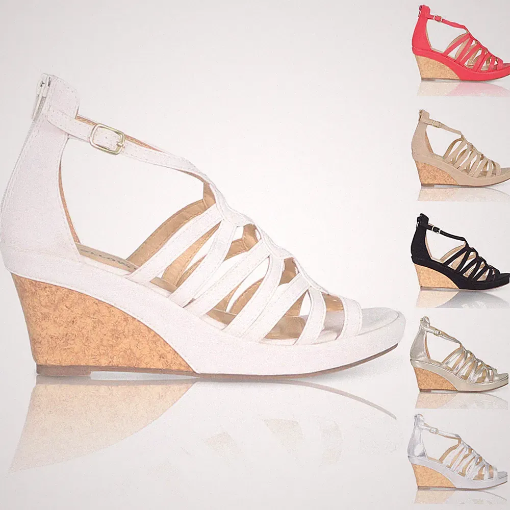 Damen-Plateausandalen Keilabsatz Knöchelriemen Party Käfig Gladiator UK