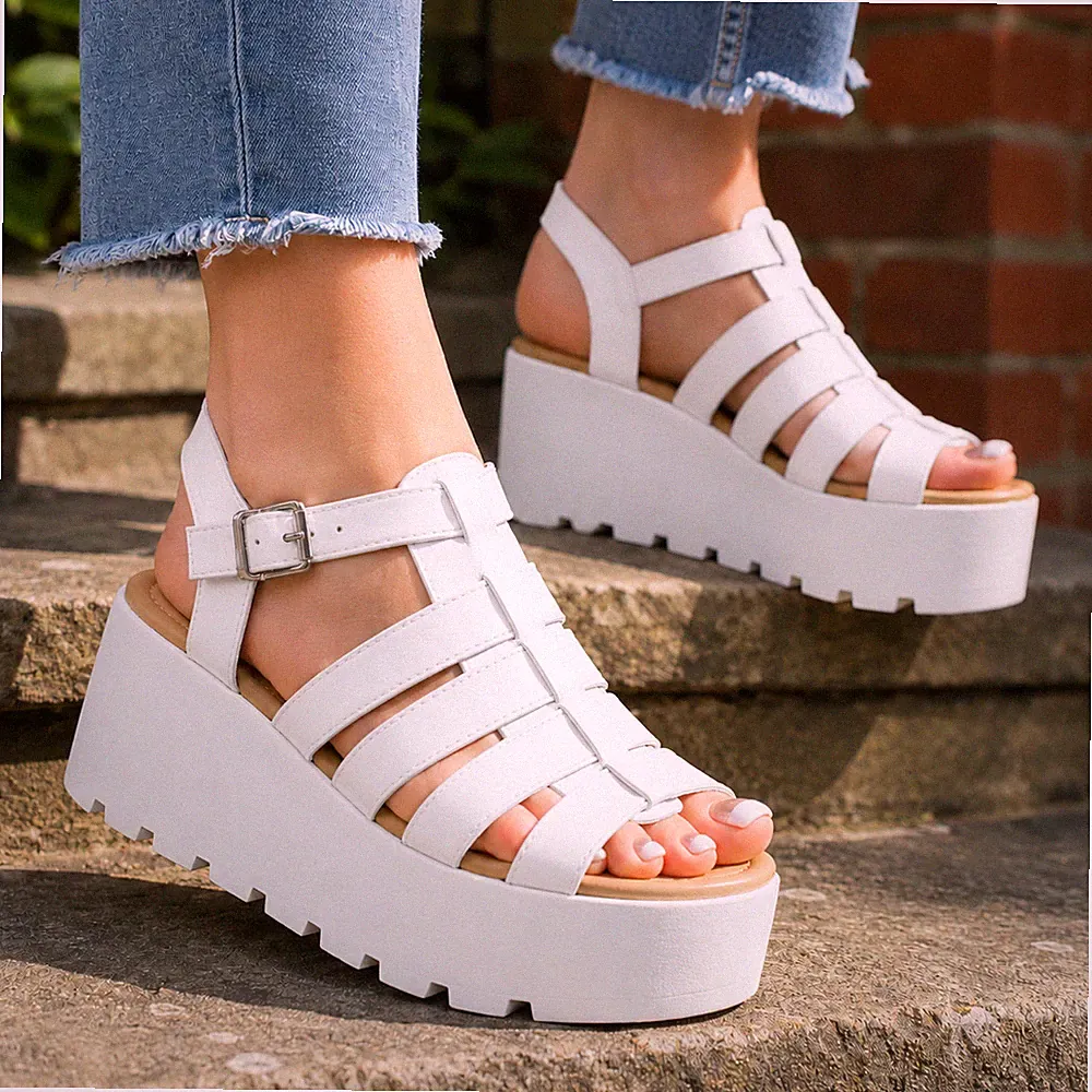 Damen-Plateausandalen Keilabsatz Sommer klobiger Absatz Riemchensandalen Größe 7 6