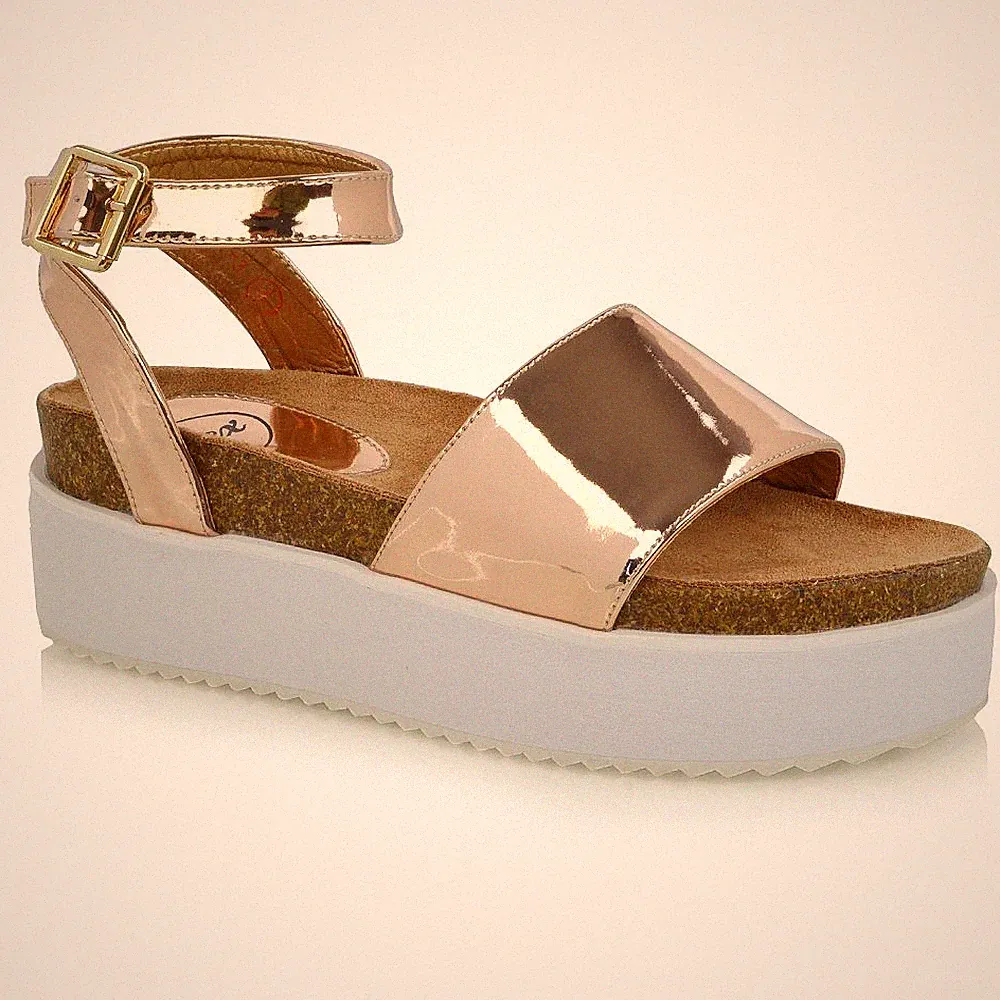 Damen-Plateausandalen Riemchen klobig Keilabsatz flache Form zehenfrei 3-8