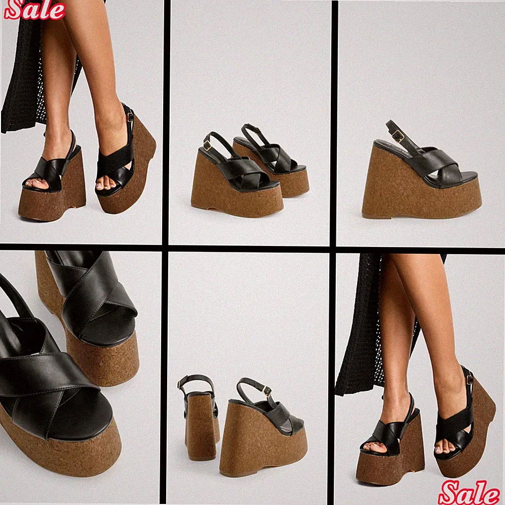 DAMEN-PLATEAUSANDALEN SCHWARZ GRÖSSEN 4-7 CROSSOVER EXTREM HOHER KORKKEILABSATZ