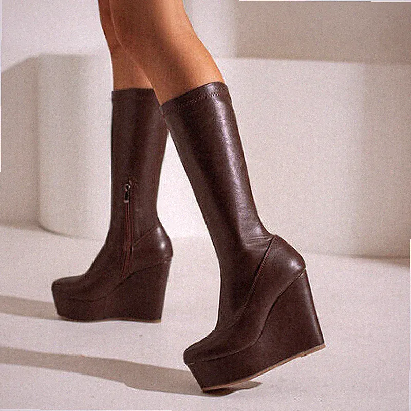 Damen Reißverschluss Kniehoch Stiefel Keilabsatz Plateau Pumps Sexy Nachtclub