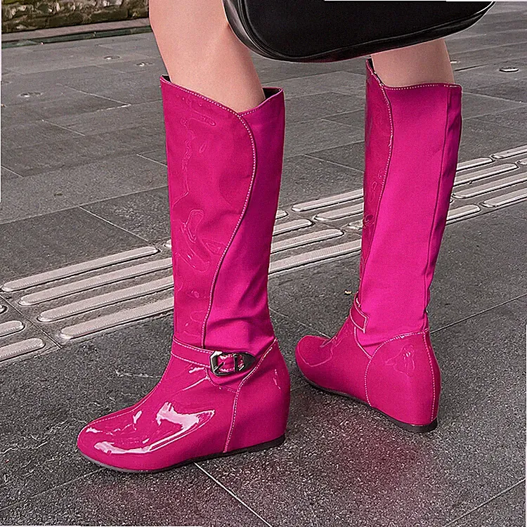 Damen Riding Biker Kniehoch Stiefel Lackleder Pumps Schnalle Schuhe Pumps Party
