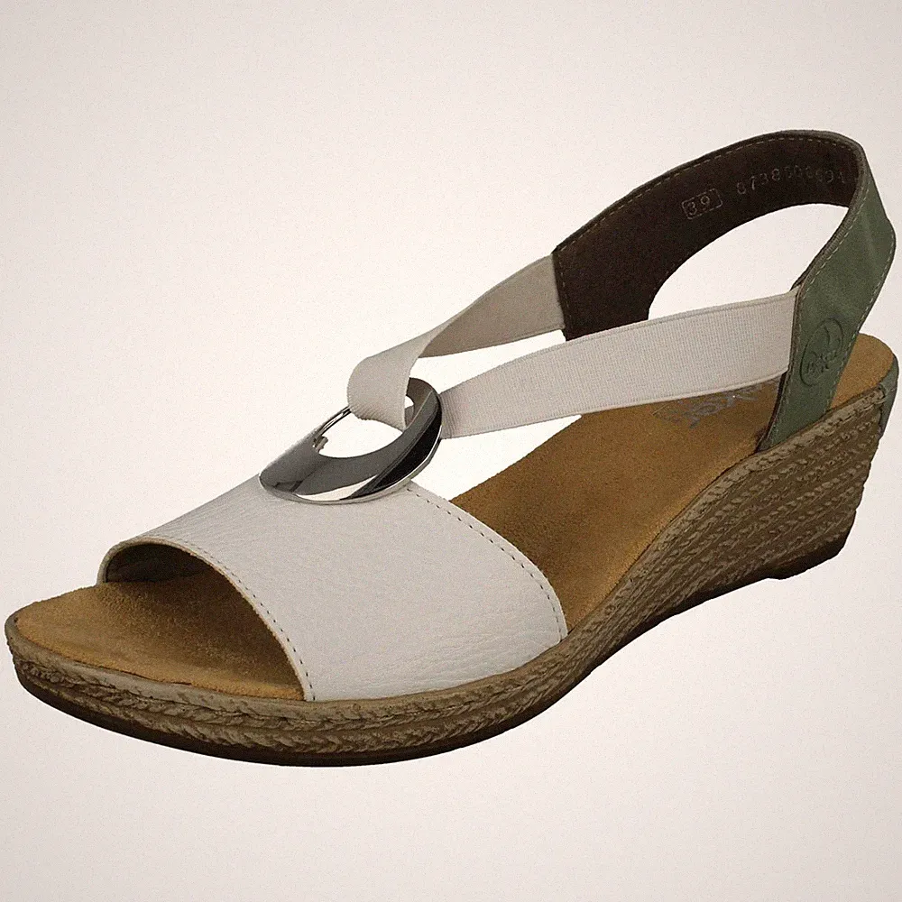 Damen Rieker 624H6 Keilsandaletten Beigel Blau Weiß (Kombi) Slip On
