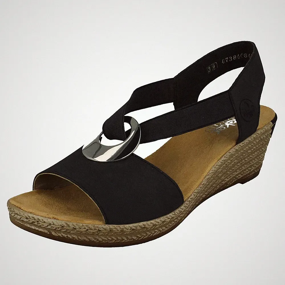 Damen Rieker 624H6 Keilsandaletten Beigel Blau Weiß (Kombi) Slip On