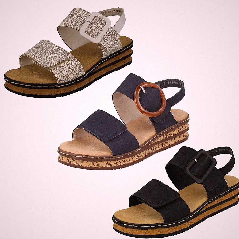 Damen Rieker '62950' Leder Freizeit Keilabsatz Sandalen