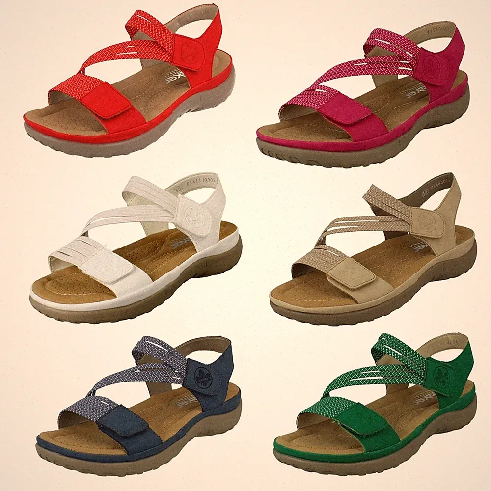 Damen Rieker '64870' Synthetik Riemchen Klettverschluss Freizeit Sandalen
