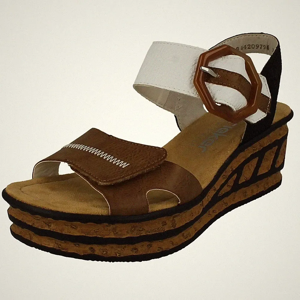 Damen Rieker "68176" Keilsandaletten Mit Klettverschluss, Schwarz/Beige